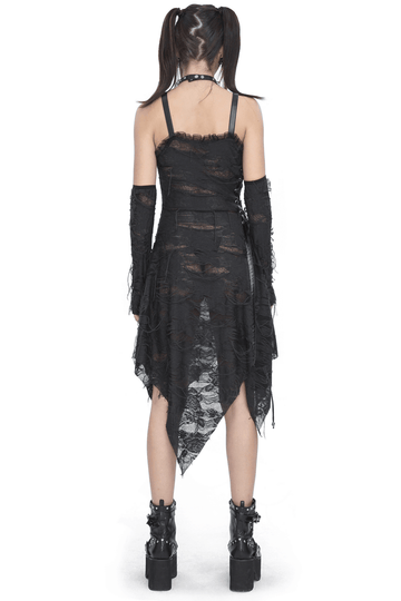 Gothic Punk Black Ripped Dress with Long Gloves